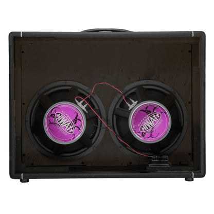 Rear view of Hiwatt HG212 Speaker Cabinet with exposed speakers on white background