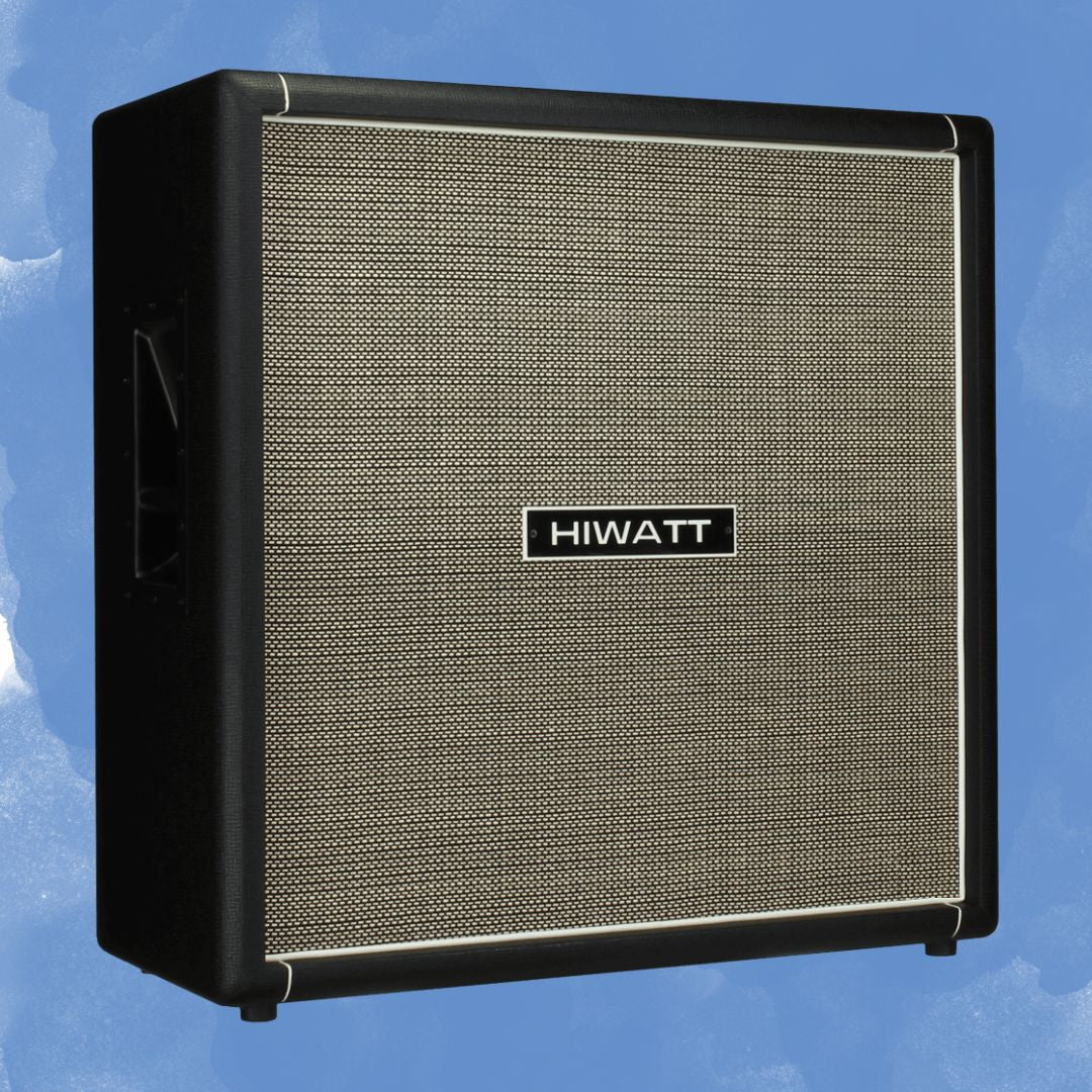 Angled front view of Hiwatt HG412 Speaker Cabinet on blue background