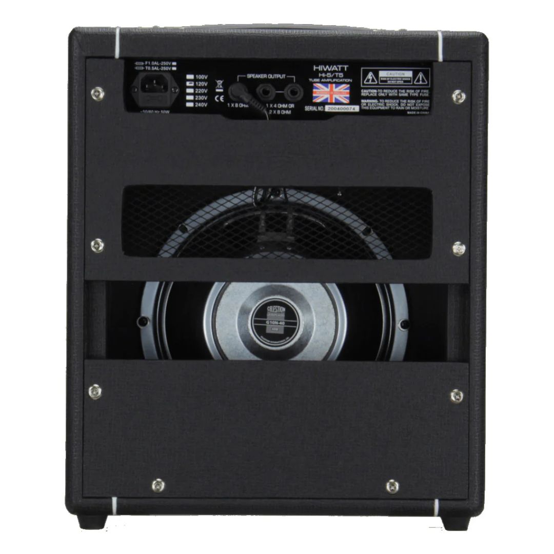 Rear view of Hiwatt Hi-5 Combo Guitar Amplifier on white background