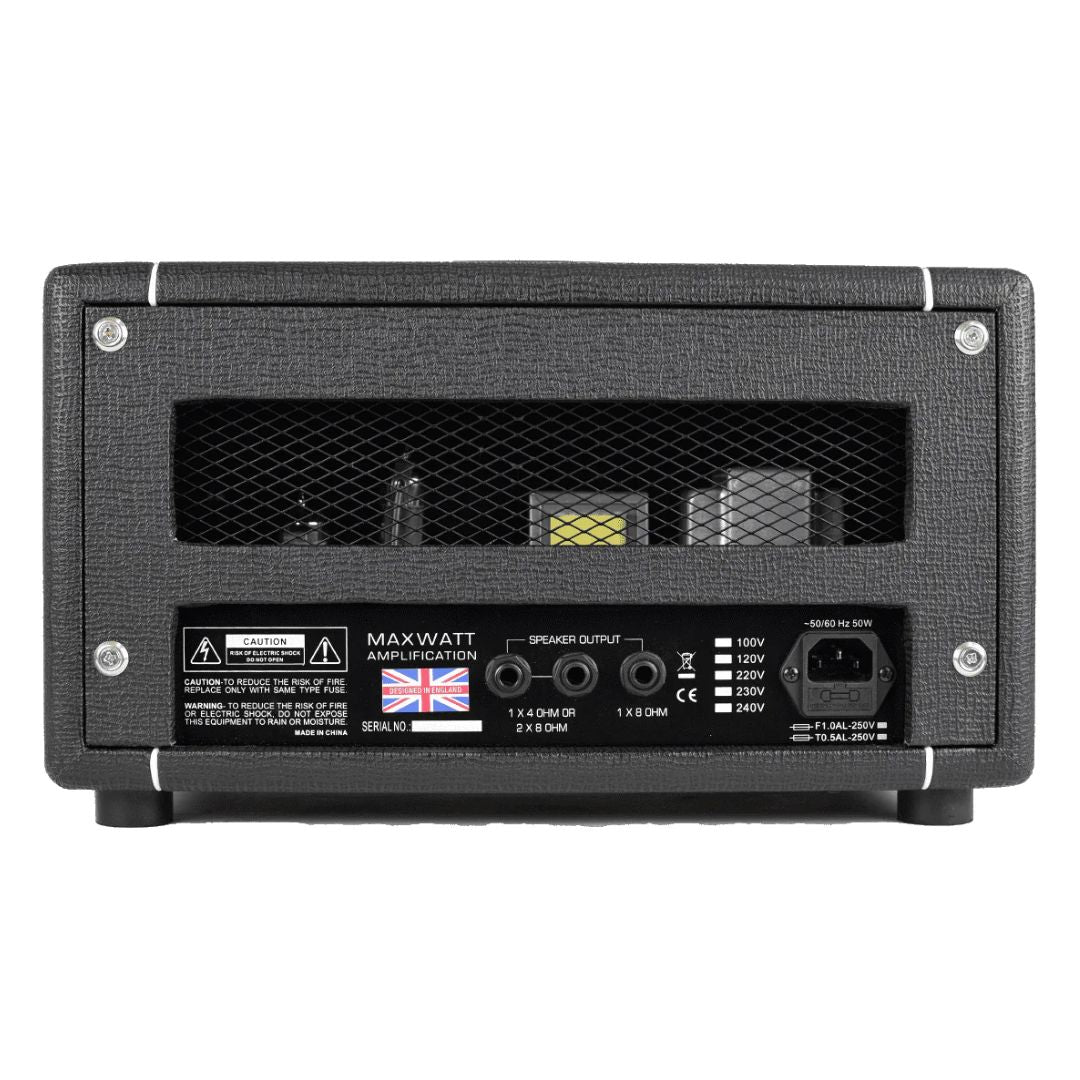 Rear view of Hiwatt Hi-5 Guitar Amplifier Head on white background