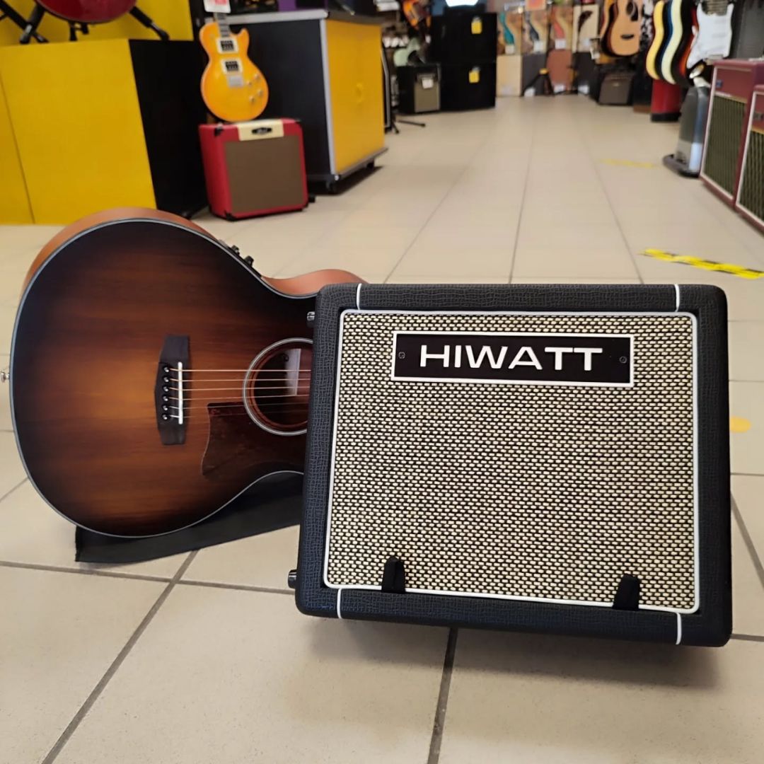 Front view of Hiwatt LEEDS GO40 Combo Guitar Amplifier with acoustic guitar beside it