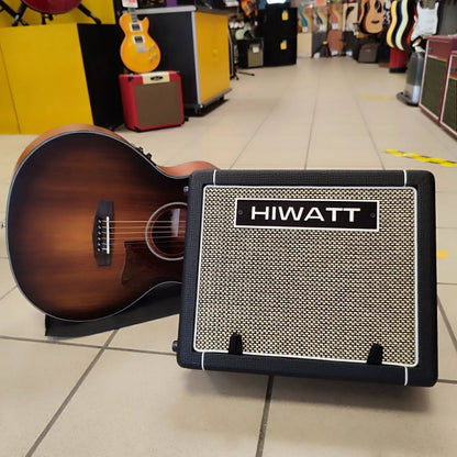 Front view of Hiwatt LEEDS GO40 Combo Guitar Amplifier with acoustic guitar beside it