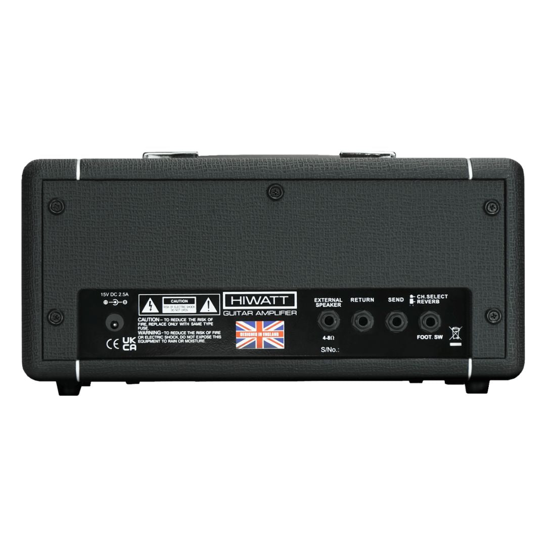 Rear view of Hiwatt Leeds 25R Guitar Amplifier Head on white background