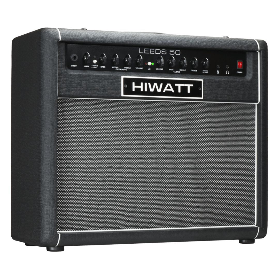Angled front view of Hiwatt Leeds 50R Combo Guitar Amplifier on white background
