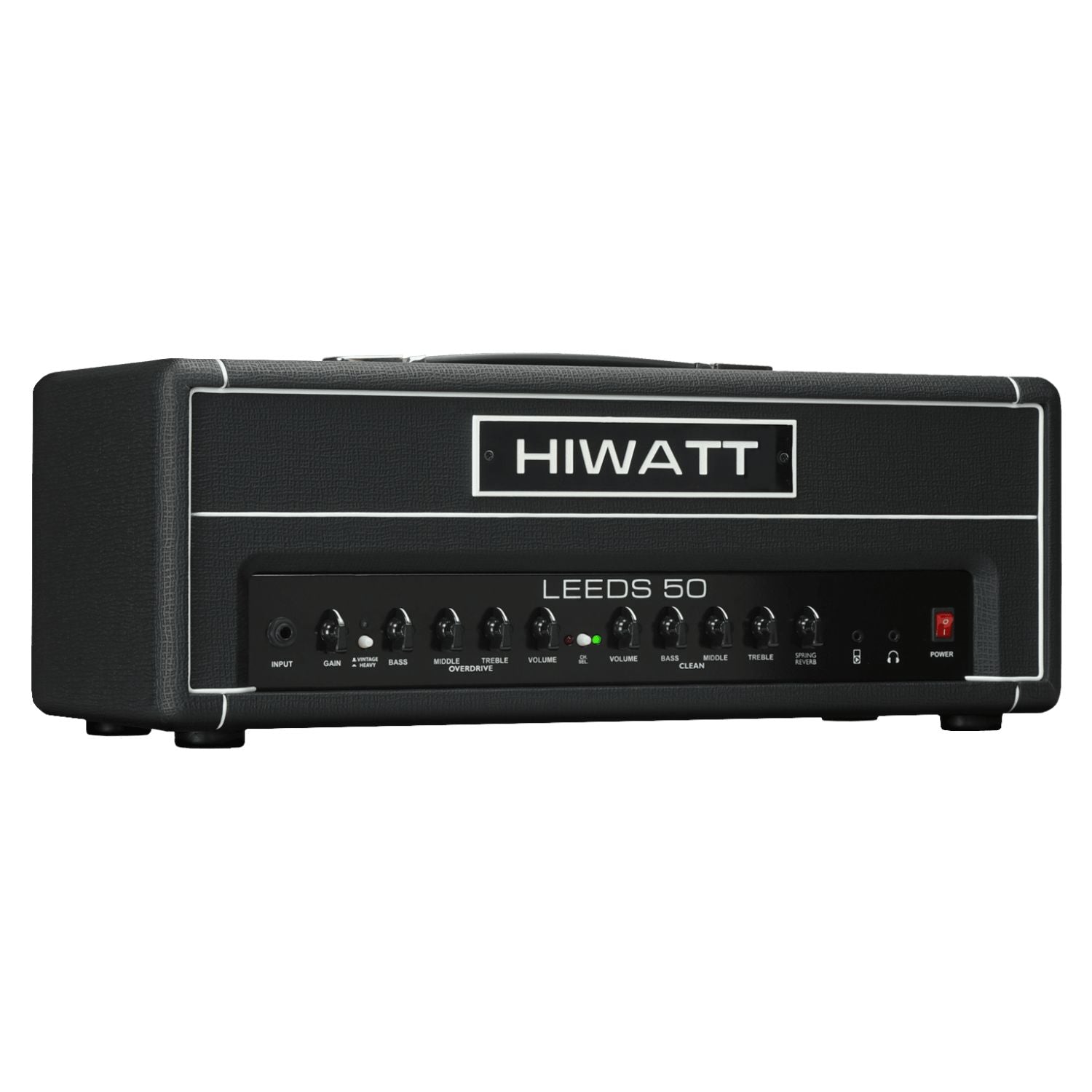 Angled front view of Hiwatt Leeds 50R Head on white background