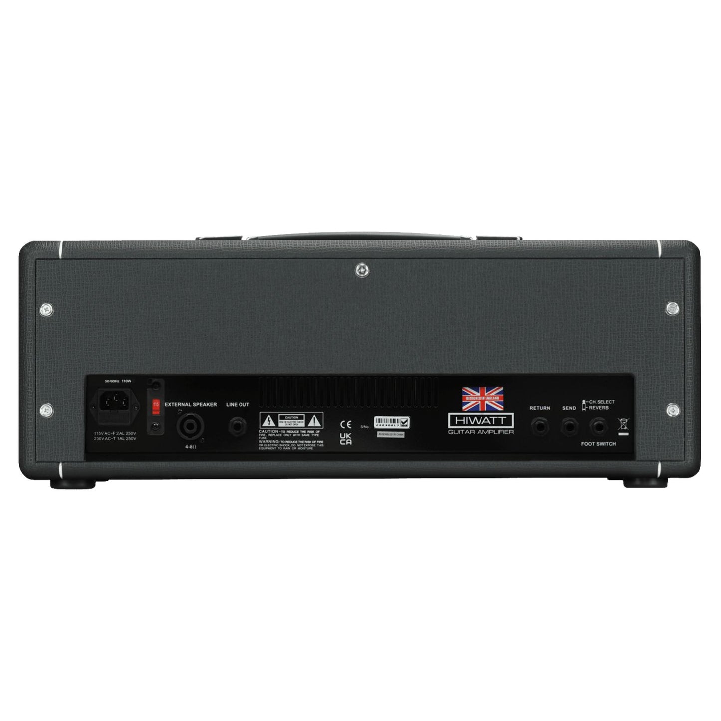Rear ports view of Hiwatt Leeds 50R Head on white background