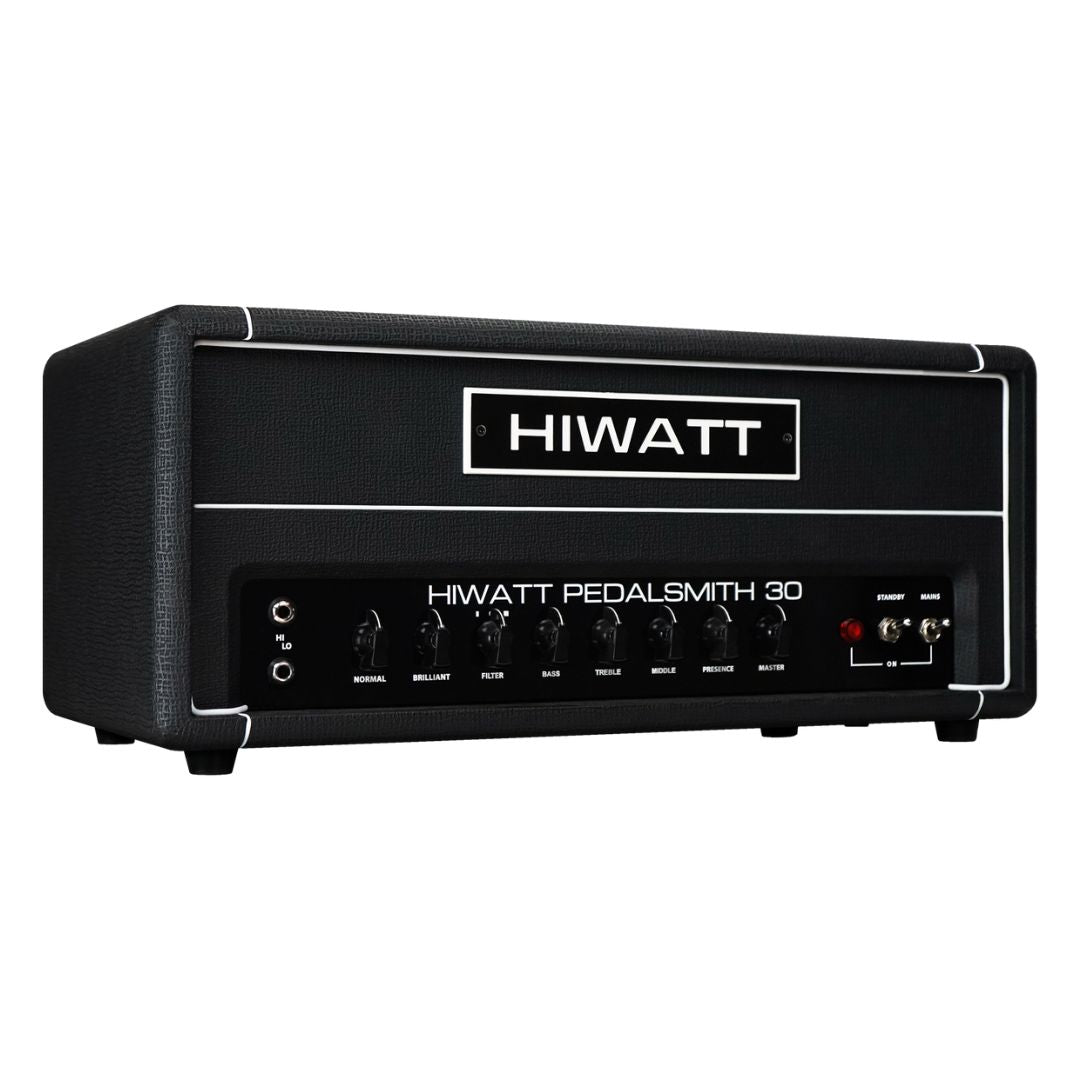 Angled front view of Hiwatt PEDALSMITH 30 Guitar Amplifier Head on white background