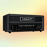Angled front view of Hiwatt PEDALSMITH 30 Guitar Amplifier Head on yellow orange background