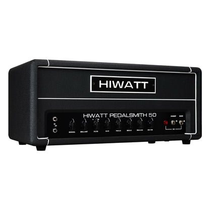 Angled front view of Hiwatt PEDALSMITH 50 Guitar Amplifier Head on white background