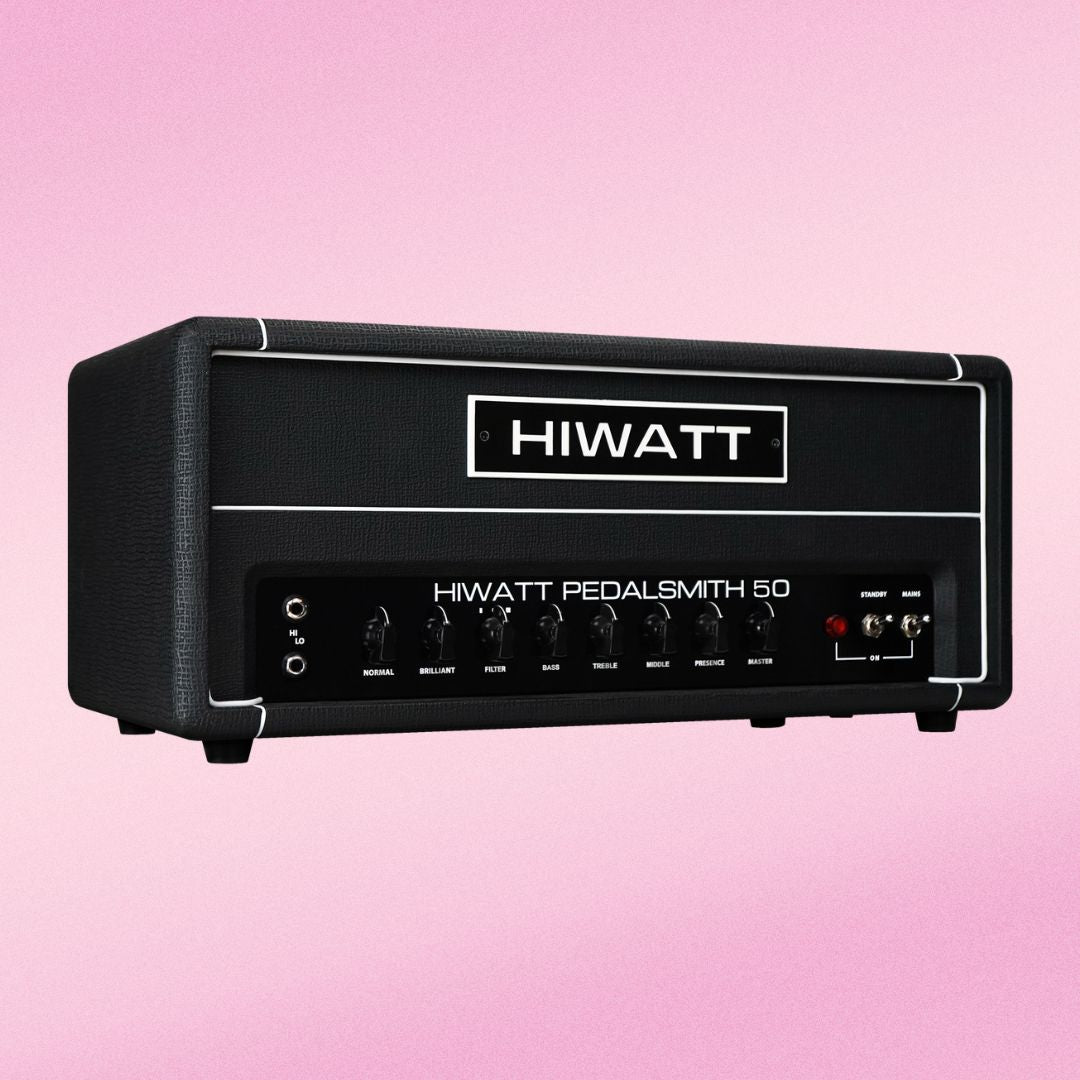 Angled front view of Hiwatt PEDALSMITH 50 Guitar Amplifier Head on pink background