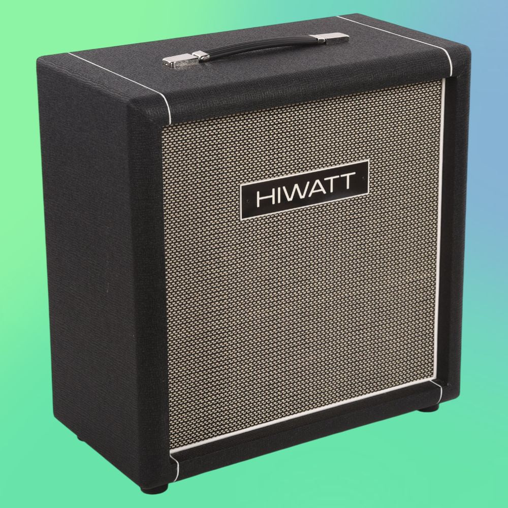 Angled view of Hiwatt SE112F Custom Handwired Speaker Cabinet on green gradient background