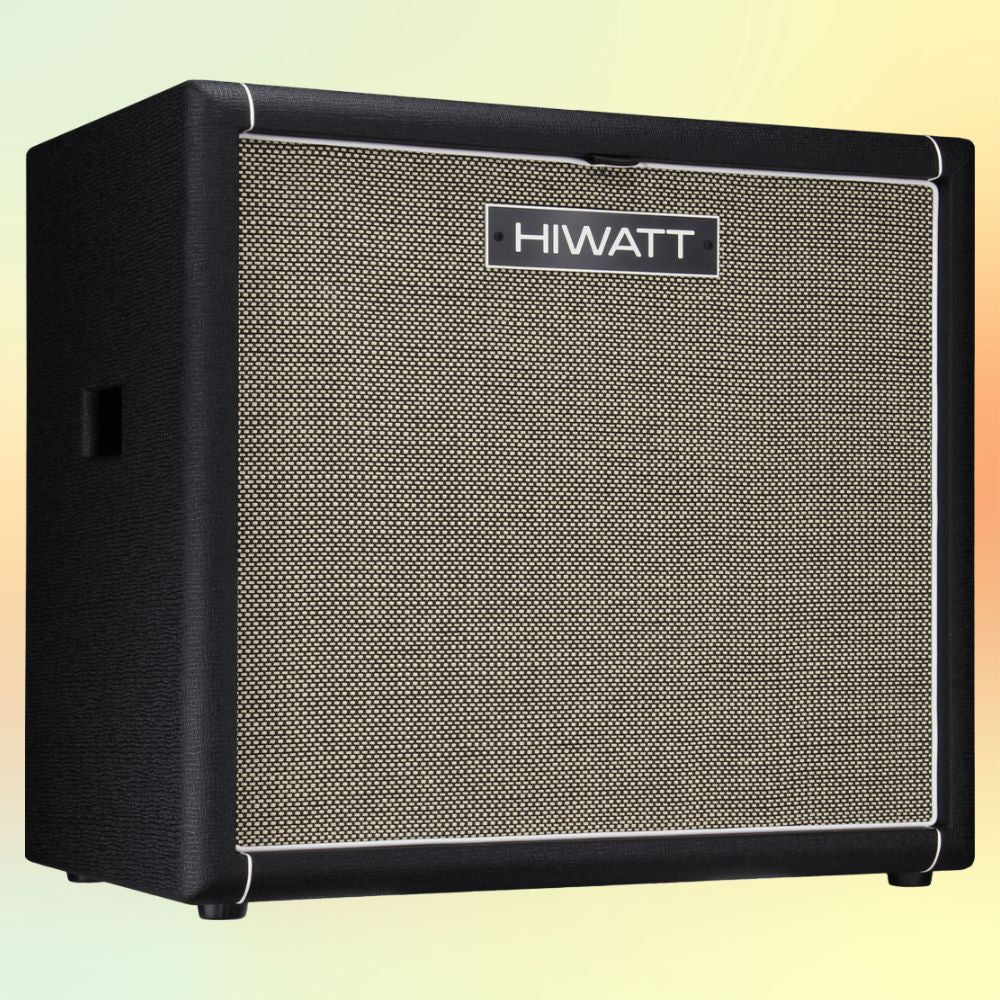 Angled view of Hiwatt SE115F Custom Handwired Bass Speaker Cabinet on yellow background