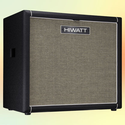 Angled view of Hiwatt SE115F Custom Handwired Bass Speaker Cabinet on yellow background