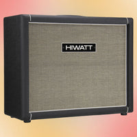 Angled view of Hiwatt SE212F Custom Handwired Speaker Cabinet on red and orange background