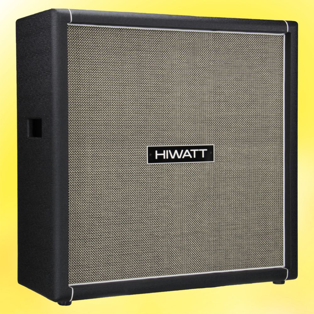 Angled view of Hiwatt SE4123F Custom Handwired Speaker Cabinet on yellow background