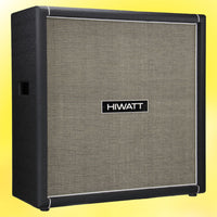 Angled view of Hiwatt SE4123F Custom Handwired Speaker Cabinet on yellow background