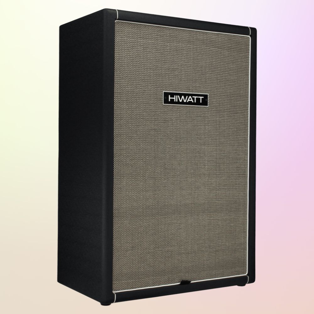 Angled view of Hiwatt SE810F Custom Handwired Bass Speaker Cabinet on yellow and pink gradient background