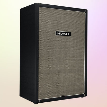 Angled view of Hiwatt SE810F Custom Handwired Bass Speaker Cabinet on yellow and pink gradient background
