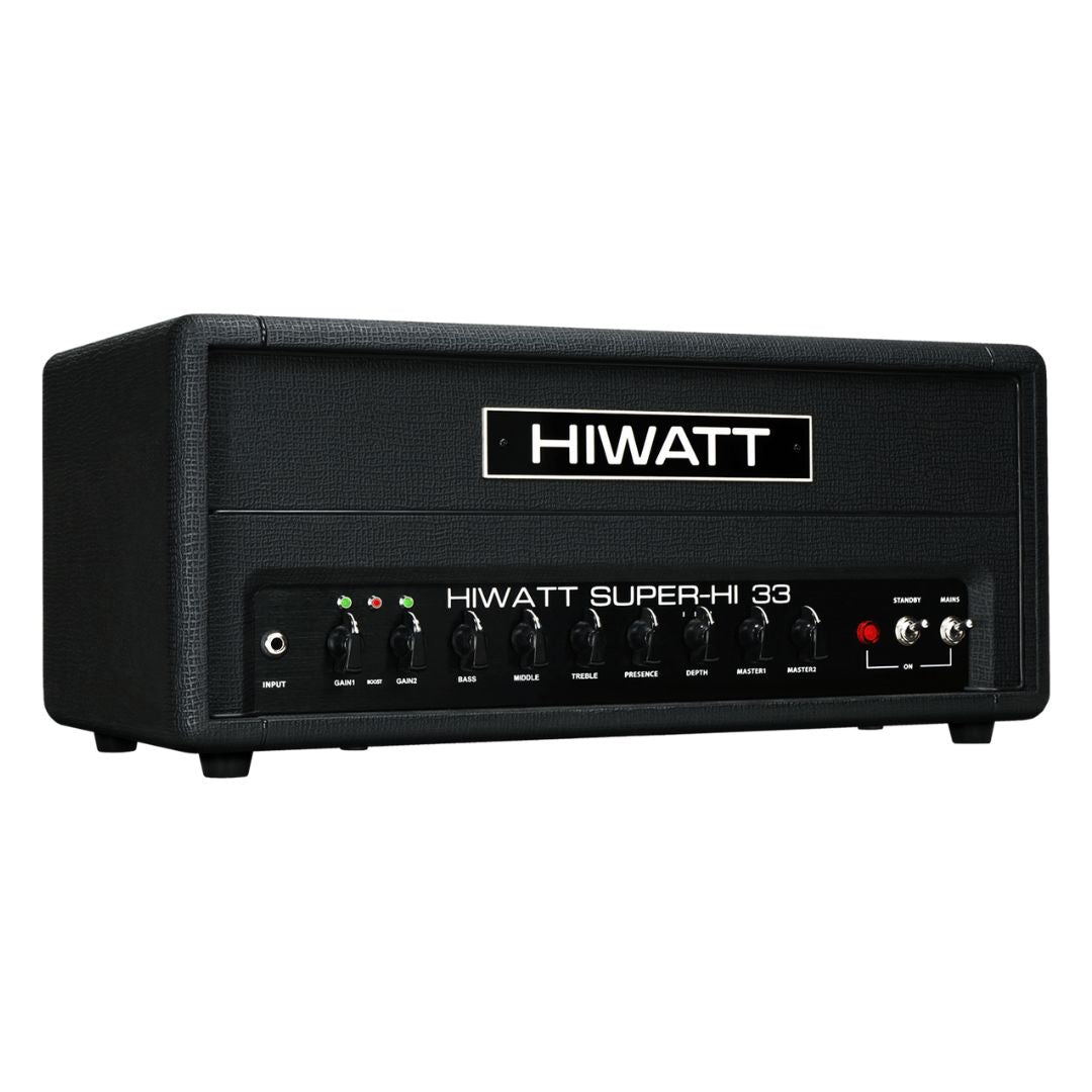 Angled front view of Hiwatt SUPER-HI 33 Guitar Amplifier Head on white background