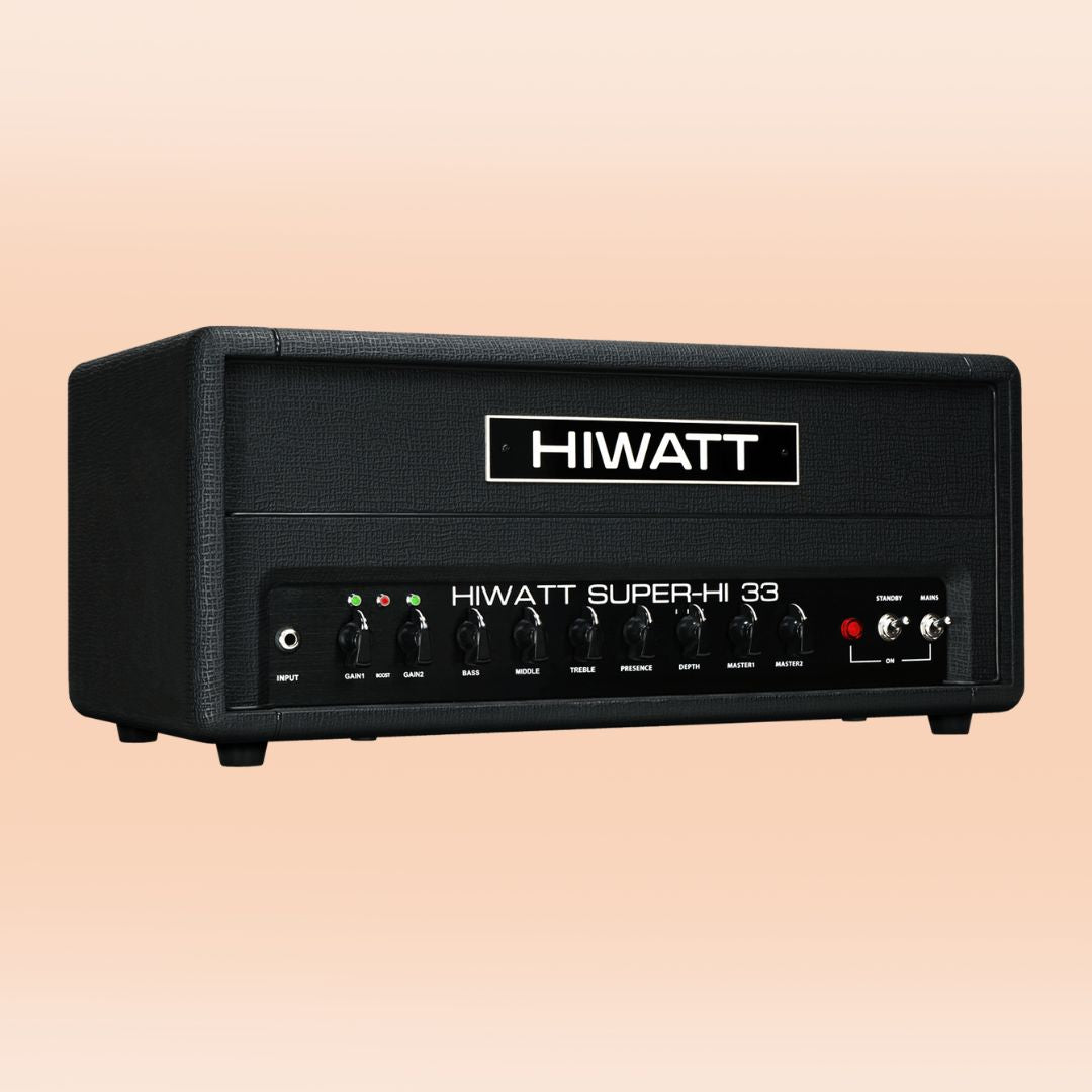 Angled front view of Hiwatt SUPER-HI 33 Guitar Amplifier Head on orange background