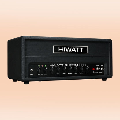 Angled front view of Hiwatt SUPER-HI 33 Guitar Amplifier Head on orange background