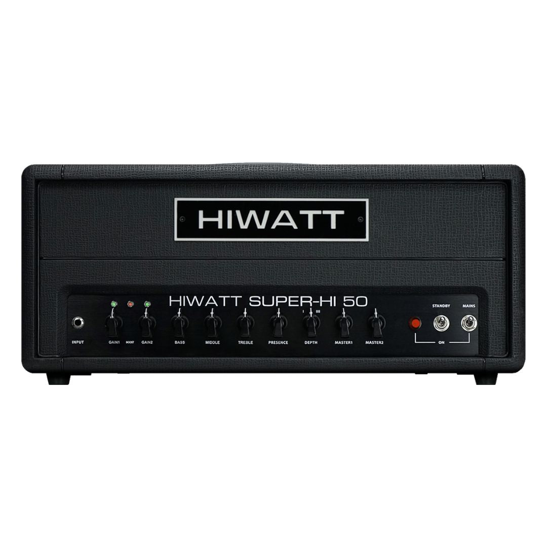 Front view of Hiwatt SUPER-HI 50 Guitar Amplifier Head on white background