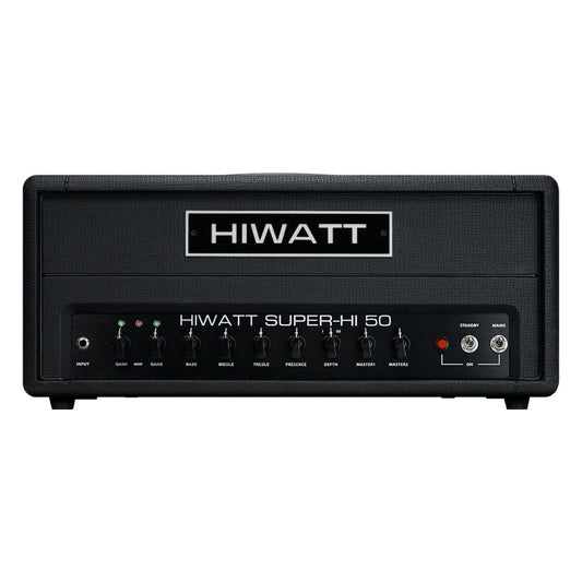 Front view of Hiwatt SUPER-HI 50 Guitar Amplifier Head on white background