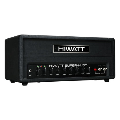 Angled front view of Hiwatt SUPER-HI 50 Guitar Amplifier Head on white background