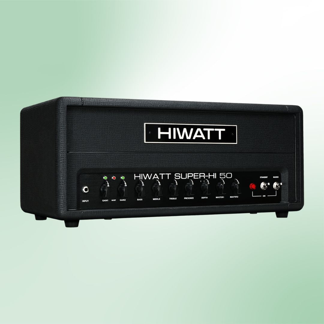 Angled front view of Hiwatt SUPER-HI 50 Guitar Amplifier Head on green background