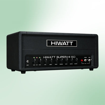 Angled front view of Hiwatt SUPER-HI 50 Guitar Amplifier Head on green background