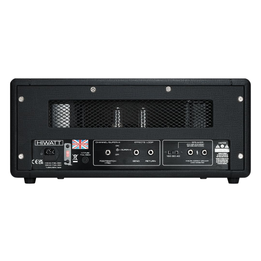Rear view of Hiwatt SUPER-HI 50 Guitar Amplifier Head on white background