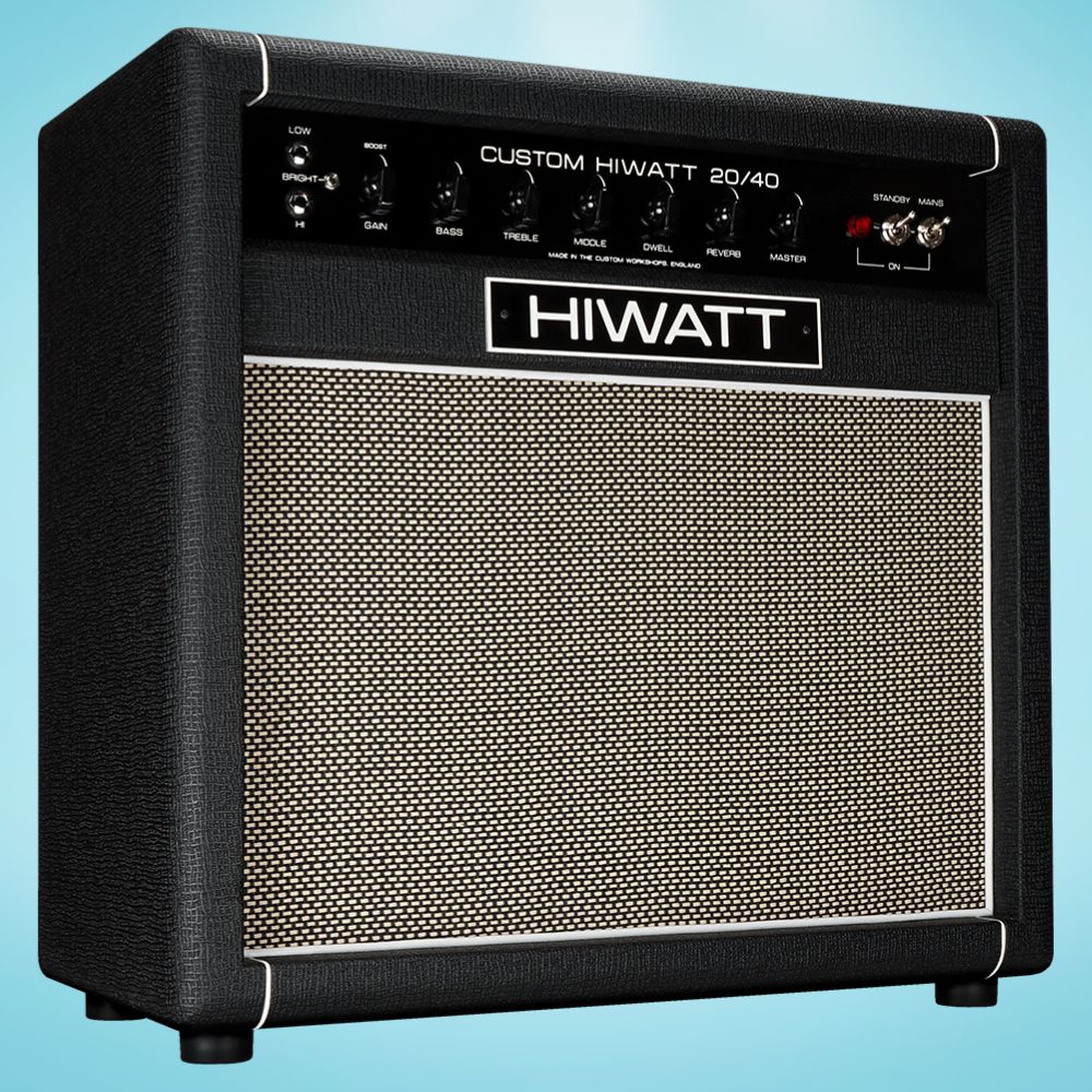 Angled front view of Hiwatt Studio Stage Combo 1×12 Custom Guitar Amplifier on blue background