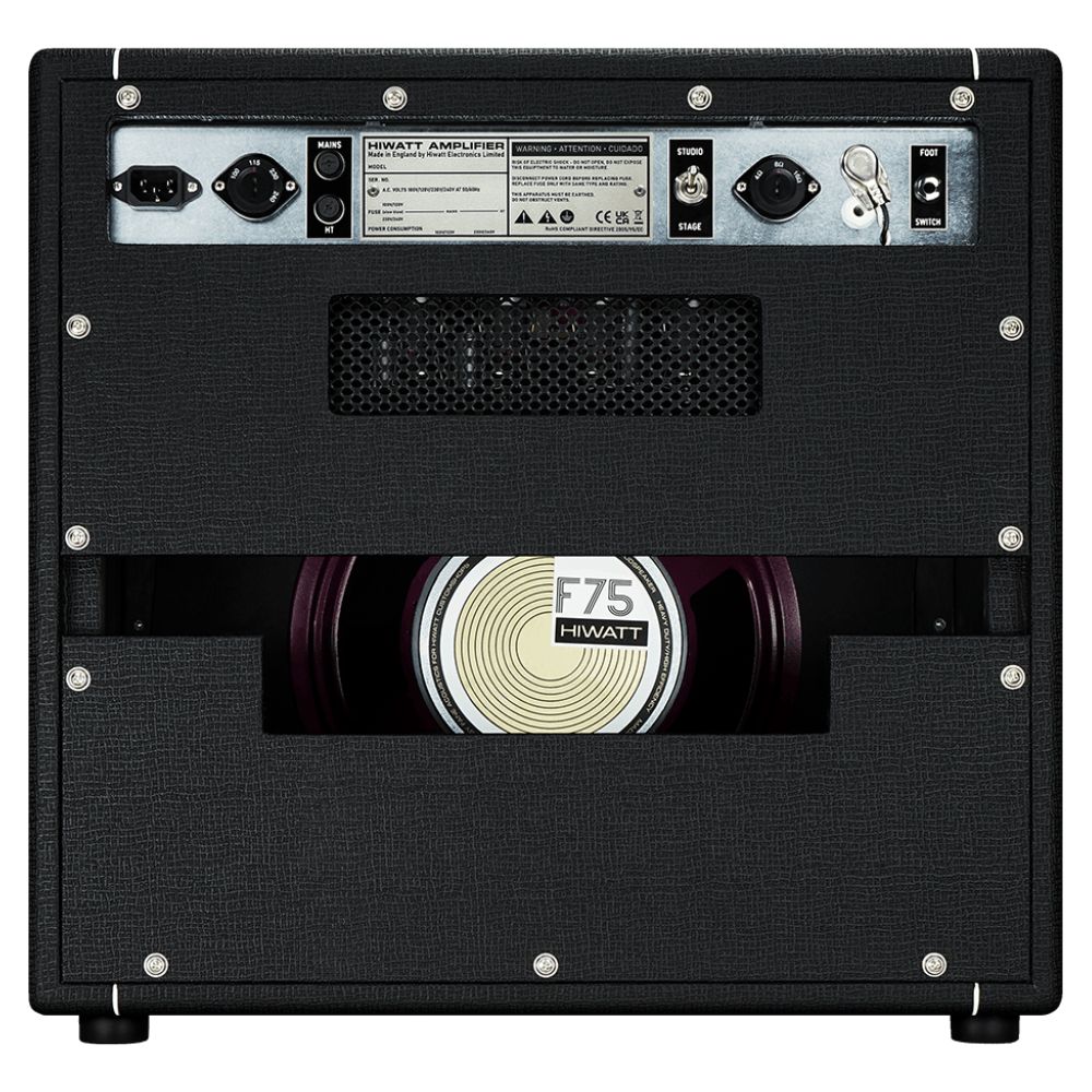 Rear view of Hiwatt Studio Stage Combo 1×12 Custom Guitar Amplifier on white background