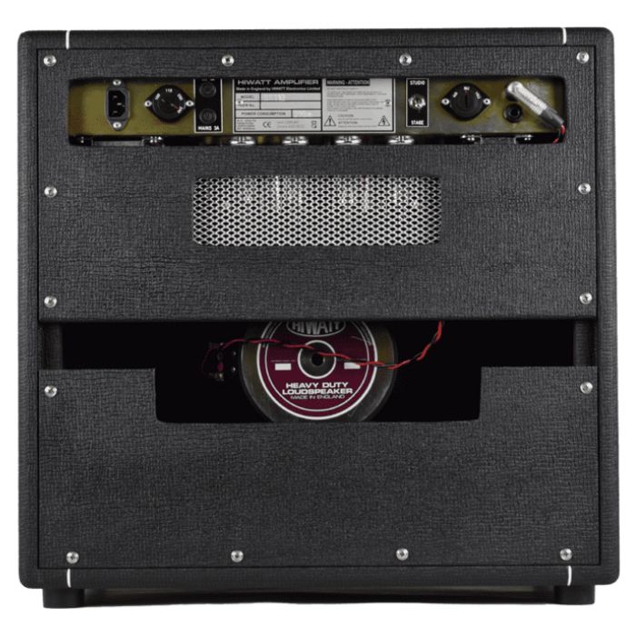 Rear view of Hiwatt Studio Stage Combo 1×12 Custom Guitar Amplifier with Fane Purpleback speaker on white background