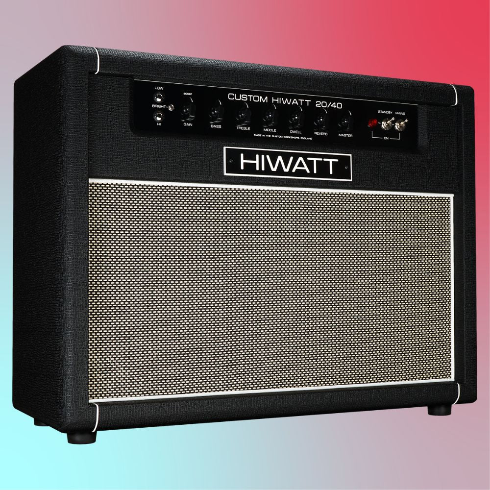 Angled view of Hiwatt Studio Stage Combo 2×12 Custom Guitar Amplifier on blue and red gradient background