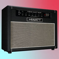 Angled view of Hiwatt Studio Stage Combo 2×12 Custom Guitar Amplifier on blue and red gradient background