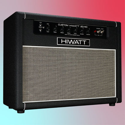 Angled view of Hiwatt Studio Stage Combo 2×12 Custom Guitar Amplifier on blue and red gradient background