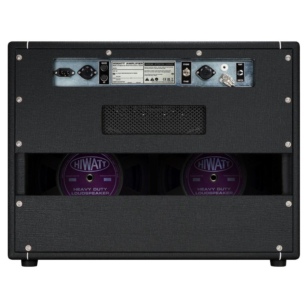 Rear view of Hiwatt Studio Stage Combo 2×12 Custom Guitar Amplifier with Fane Purpleback speakers on white background