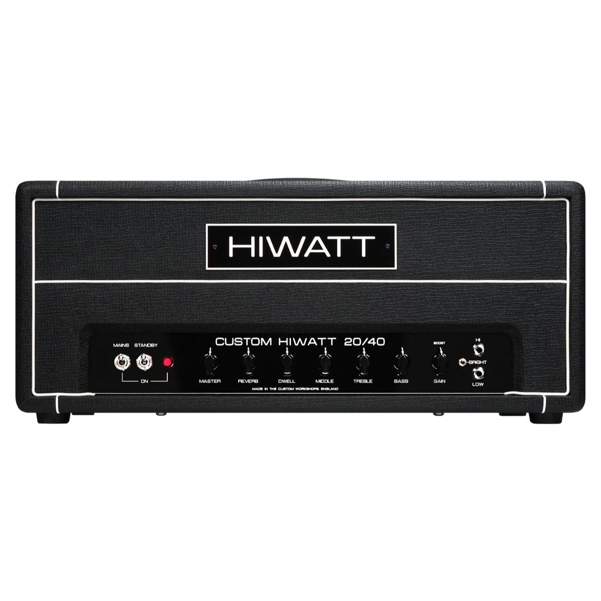 Front view of Hiwatt Studio/Stage Custom Guitar Amplifier Head on white background