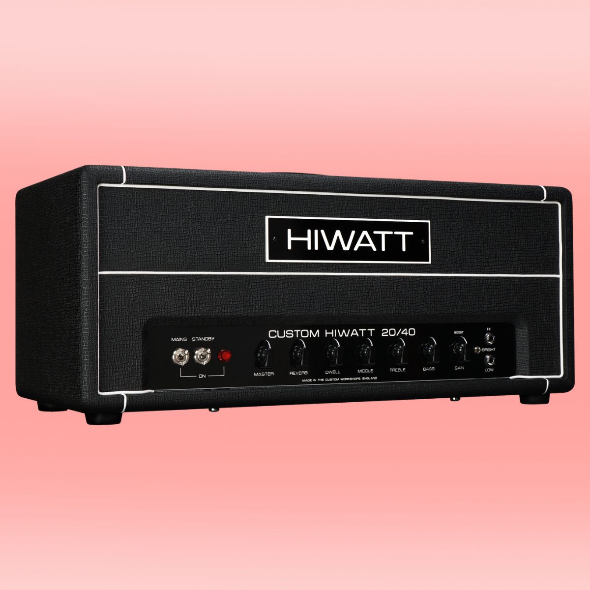 Angled view of Hiwatt Studio/Stage Custom Guitar Amplifier Head on pink background