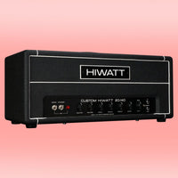 Angled view of Hiwatt Studio/Stage Custom Guitar Amplifier Head on pink background