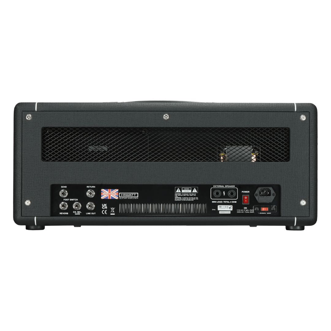 Rear view of Hiwatt Super Leeds 150R Guitar Amplifier Head on white background