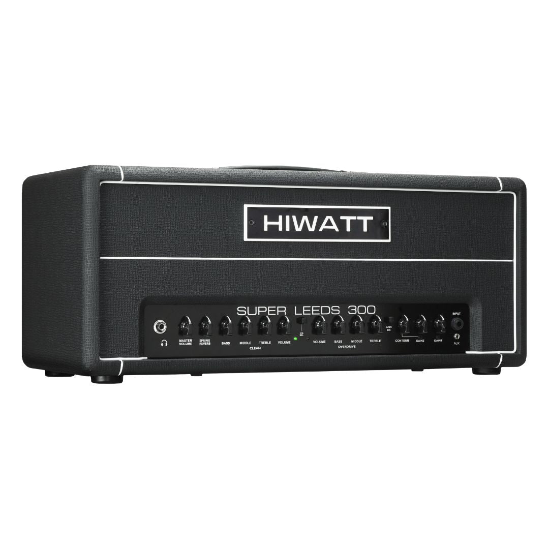 Angled front view of Hiwatt Super Leeds 300R Guitar Amplifier Head on white background