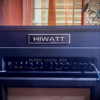 Close up front view of Hiwatt Super Leeds 300R Guitar Amplifier Head on top of speaker cab