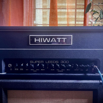Close up front view of Hiwatt Super Leeds 300R Guitar Amplifier Head on top of speaker cab