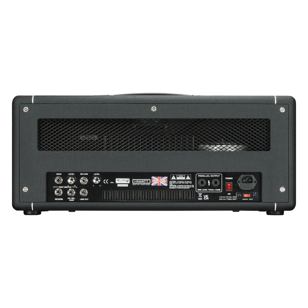 Rear view of Hiwatt Super Leeds 300R Guitar Amplifier Head on white background