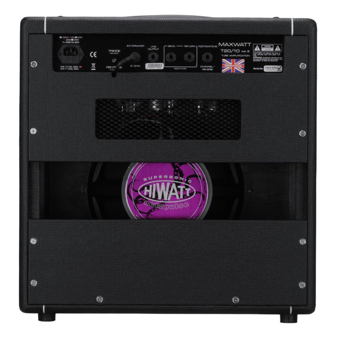 Rear view of Hiwatt T20/10 Combo Guitar Amplifier on white background