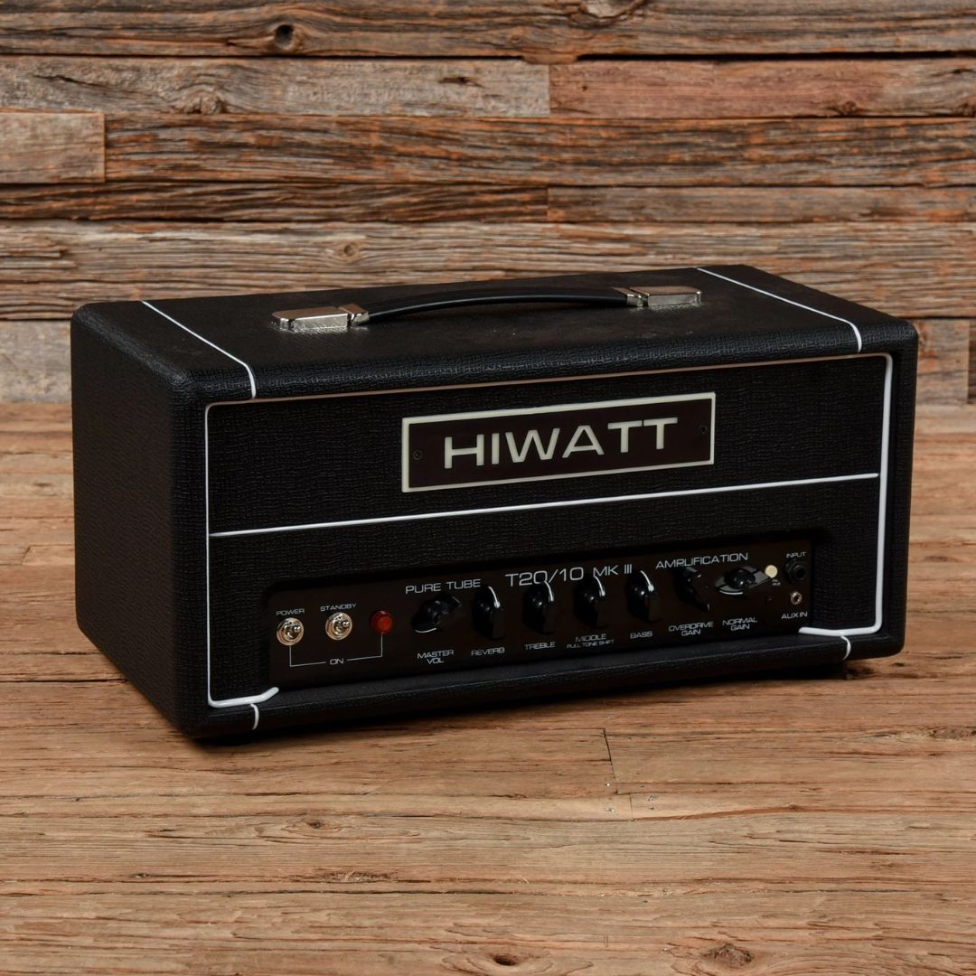Angled front view of Hiwatt T20/10 Guitar Amplifier Head in wooden room