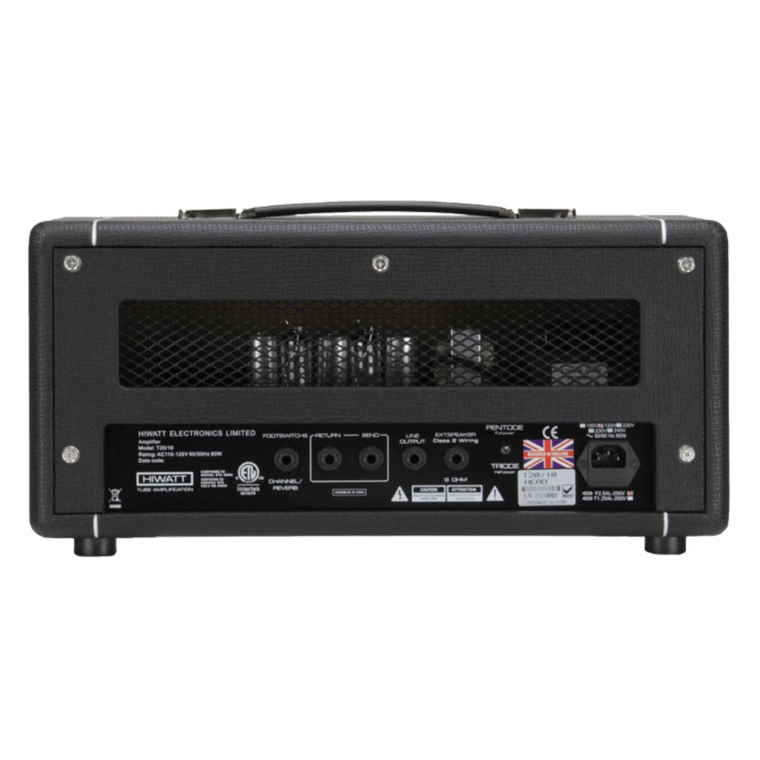 Rear view of Hiwatt T20/10 Guitar Amplifier Head on white background