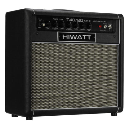 Angled front view of Hiwatt T40/20 Combo 1x12 Guitar Amplifier on white background